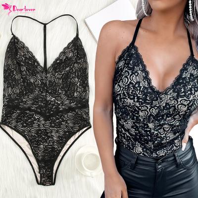 China Dear-Lover Private Label Ladies Floral Backless Body Suites Breathable Black One-Piece Crochet Bodysuit Lace Crochet Halter Neck for sale