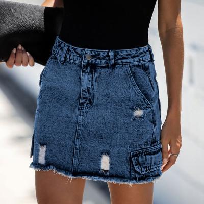 China Wholesale New Design Anti-Static Blue Female Women's Black Distressed Denim High Waist Mini Short Lady Jean Skirt for sale