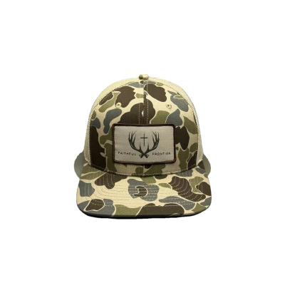 China COMMON Wholesale High Quality 6 panels Camo trucker hat semi curved bill with OEM custom logos for sale