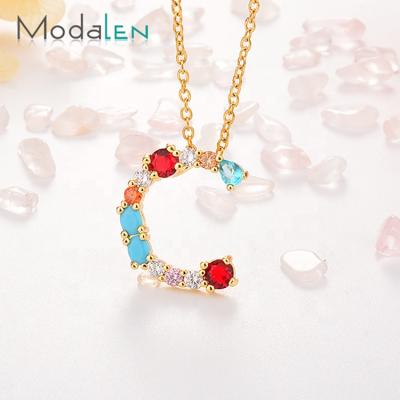 China Stainless Steel CLASSIC Gold Letter Alphabet Rhinestone Rainbow Modalen Chain Necklace for sale