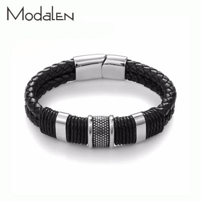 China Modalen CLASSIC Mens Magnetic Clasp Wrap Stainless Steel Leather Bracelet for sale