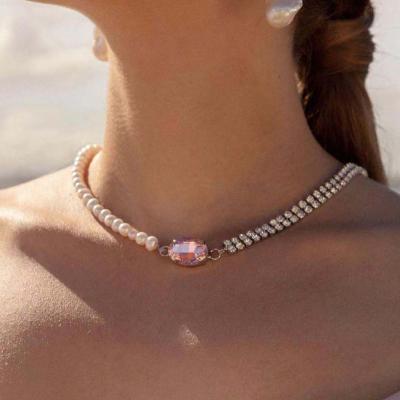 China New Arrival High Quality Crystal Diamond Necklace Pink Rhinestone Pearl Choker Necklace Pink Rhinestone Pearl Fashion Jewelry Evening Dress Chain Accessories for sale