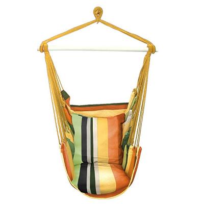 China Modern Orange Stripe Poly-cotton Hanging Hammock Chair with Wooden Bar and 2 Cushions for sale