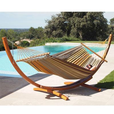 China Modern 13FT Garden Patio Assembled Double ARC Cotton Hammock With Wooden Stand for sale