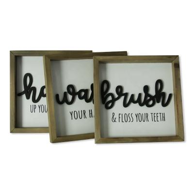 China Europe Factory Made 8x8 Rustic Wood Frame 3 Pack Cutout Letter Wash Brush Hang Farmhouse Wood Signs For Bathroom Wall Home Decor for sale