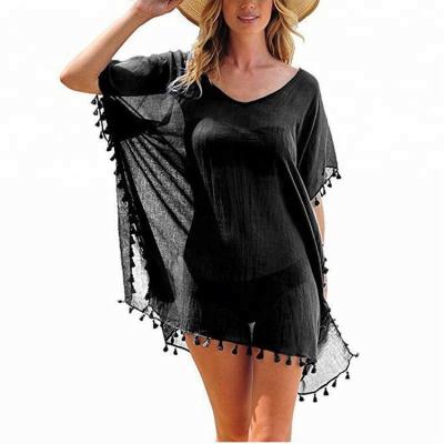 China Wholesale Hot Breathable Solid Color Sexy Translucent V-Neckline Sleeve Tassel Beach Short Bikini Large Cover Up Chiffon Beach Dress for sale