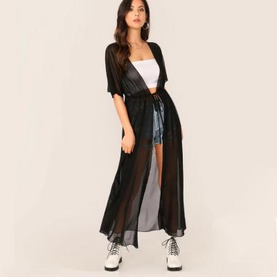 China Women Fashion Breathable Sexy Open Waist Drawstring Sheer Chiffon Long Maxi Dress See Through Belt Sash Cover Up Beach for sale