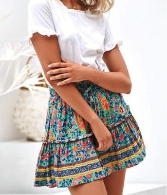 China Breathable Bohemian Flower Print Women's High Waist Ruffle Skirt Flared Boho Mini Skirt Ladies Pleated Line for sale