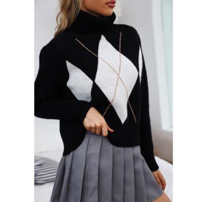 China 2021 New Arrival Winter Anti-Shrink Wholesale Women Long Collar Top Sheath Elegant Simple Black Geometric Top Knit Pullover Sweater for sale