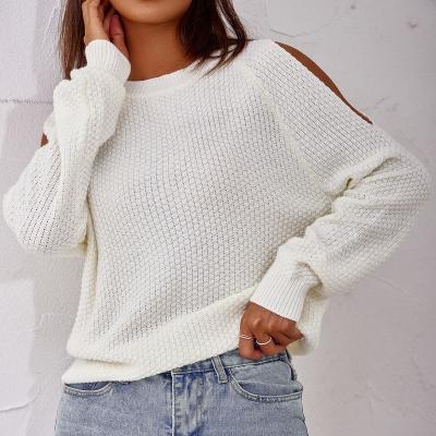 China 2021 New Arrivals Office Girls White Cool Off Shoulder Winter Wear Lady Sweet Crew-neck Long Sleeves Casual Thin Sweater for sale