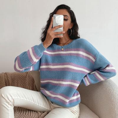 China Wholesale New Arrivals Anti-wrinkle 2021 Women's Sweaters Soft Lady Casual Blue Striped Crew Neck Sheath Long Winter Wear for sale