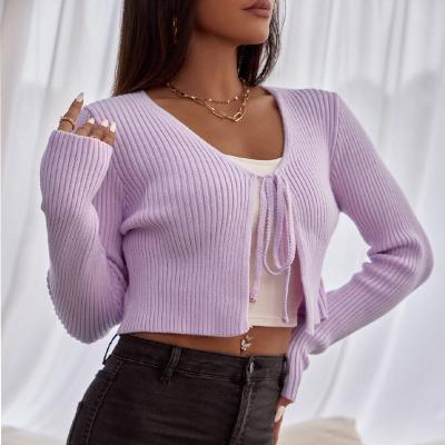 China 2021 New Arrivals Anti-wrinkle Crewneck Purple Girl's Short Soft Cardigan Sweater Girls Lace Up Simple Elegant Sweet Thin Clothes for sale