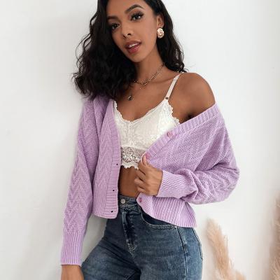 China Wholesale New Arrivals 2021 Lady Purple V-neck Buttoned Custom Wholesale New Arrivals Sweater Autumn Clothes Thin Elegant Soft for sale