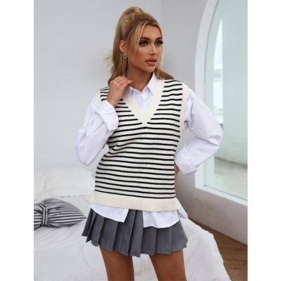 China New Arrivals Anti-wrinkle British Style Women's College Women's Sleeveless White And Black Striped Vest Office Style Office Winter Casual Sweater for sale