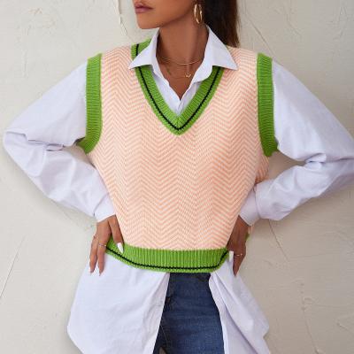 China Anti-wrinkle 2021 New Arrivals Girl Pink Striped Green And White V-Neck Balanced Sweaters Short Invest Fashionable Young Lady Beautiful Clothes for sale