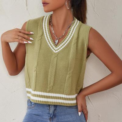 China Anti-wrinkle 2021 Winter Newcomers Lady Wholesale Green Simple Green Striped V-Neck Vest Candy Knitted Top Women's Sleeveless Sweater for sale