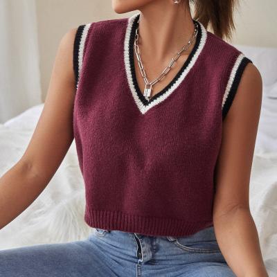 China 2021 Winter New Arrivals Wine Red Striped V-Neckline Winter Girl Sleeveless Sweater Anti-wrinkle Knitted Crop Sweater Top Custom Vest for sale