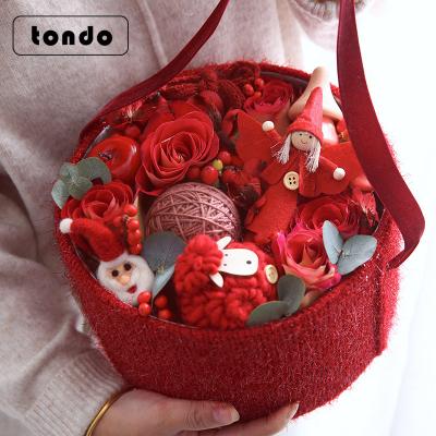 China Handmade Tondo Flower Rose Gift Wool Box Wrapping Valentine's Day Wedding Round Flower Box for sale