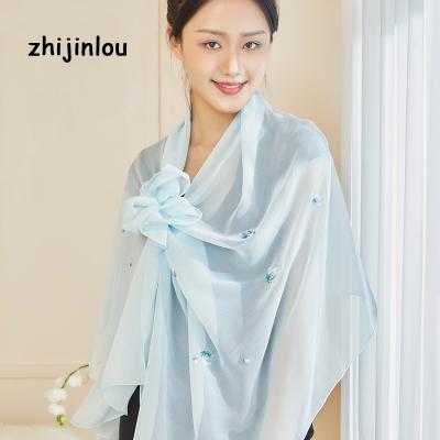 China Silk Women Fashion Silk Scarf Embroidery Custom Design Long Silk Fabric Scarves Wholesale for sale