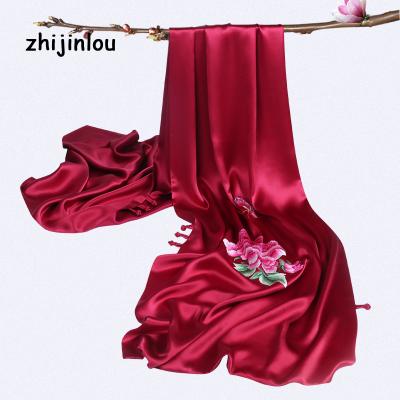 China Zhijinlou Elegant Long Custom Embroidered Satin Silk Scarves High Quality 100% Natural Silk Scarf For Women for sale