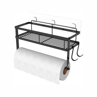 China Kitchen Sustainable Wall Mount Basket Adhesive Paper Towel Holder Organizer With Shelf Storage for sale