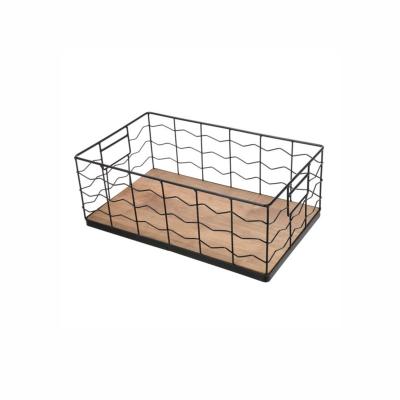 China Modern Multifunctional Metal Wire Home Kitchen Bathroom Fruit Vegetable Fruit Vegetable Cosmetics And Accessories Storage Basket With Wooden Bottom for sale