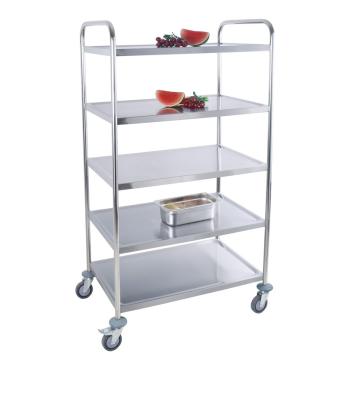 China Hotel Stainless Steel Cleaning Cart For Food Service Equipment Round Tube 5tier Kitchen Supply Bakers Rack for sale