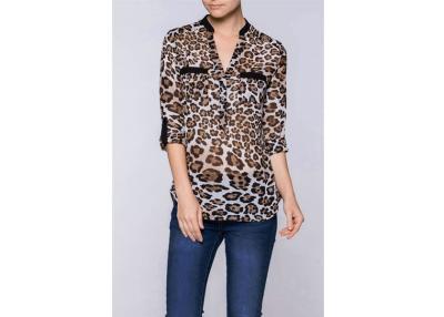 China Semi Sheer Wild Leopard Ladies Tops And Blouses With Contrast Trim for sale