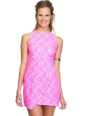 China Fushcia Fashion Bodycon Lace Short Dresses Sleeveless With Back Zip for sale