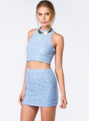 China High Neck Lace Bodycon Womens Short Dresses Sleeveless , Blue / White / Black for sale