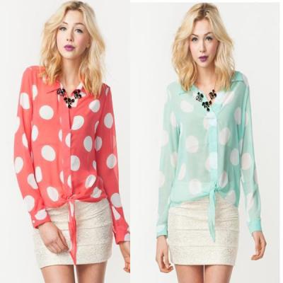 China Large Polka Dot Tie Front Chiffon Girls Tank Tops With Long Sleeve for sale