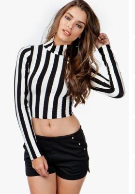 China Eco Friendly Black White Vertical Stripe Ladies Tops And Shirts For Spring , Autumn for sale