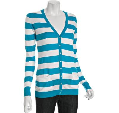 China Aqua / White Winter Striped Cardigan Womens Knitted Sweaters With V Neck for sale