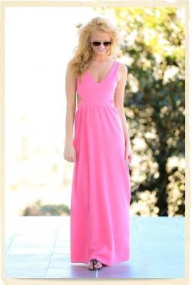 China Pink Deep V Neck Womens Maxi Dresses Young Ladies Long Casual Dresses for sale