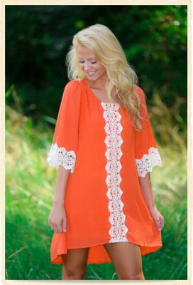 China Elegant Summer Fashion Crochet Mini Dresses For Juniors , Orange for sale