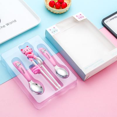 China FACTORY OEM Viable Children's Cutlery 304 Stainless Steel Spoon Fork Chopsticks Set Baby Cartoon Portable Training Tableware Sets for sale