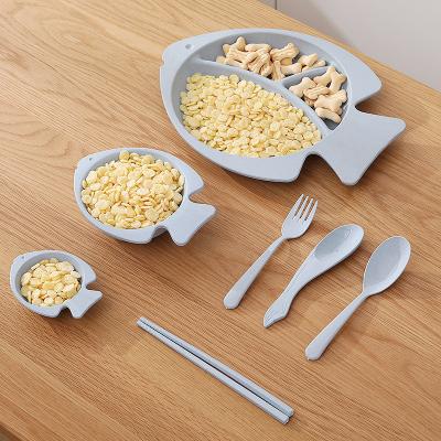 China Minimalist CHINA OEM FACTORY WHOLESALE Wheat Straw Fish-Shaped 7pcs Set Children and Student Cartoon Compartment Anti-fall Tableware for sale