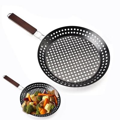 China OEM Viable China Factory Wholesale Korean Outdoor BBQ Tool Kitchen Household Folding Wooden Handle Round Nonstick Grill Pan for sale