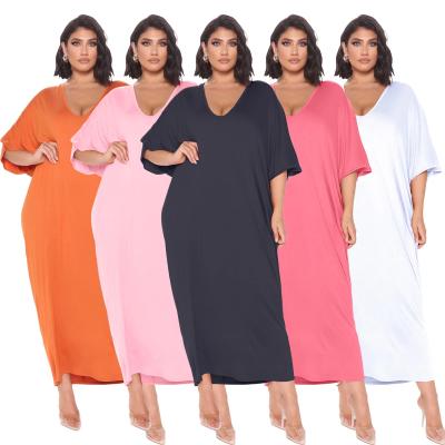 China 2022 New Cotton V-Neck Lounge Women Maxi Dress Solid Color Wear Short Summer Breathable Loose Sleeve Long Dress for sale