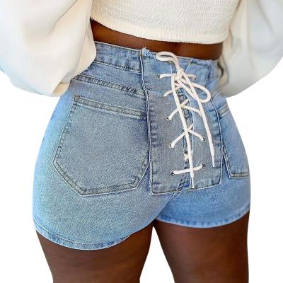 China 2022 New Arrivals Summer Fashion Pure Color Tie QUICK DRY Back Straps Stretch Jean Shorts Women Street Wear Slim for sale