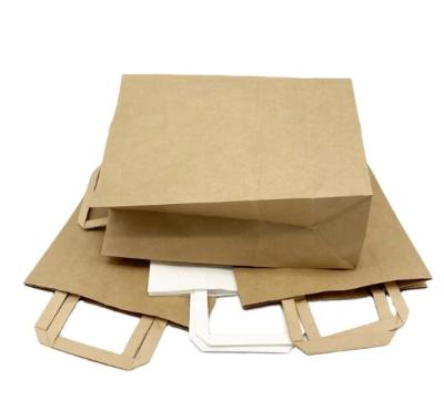 China Flat Handles Reusable Kraft Paper Carry Bags Shopping Restaurant Takeaway Paper Bags for sale