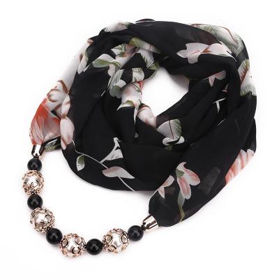 China 2022 Fashion Chiffon Head Scarves Printing Flower Pattern Chiffon Beads Scarf Necklace For Women Maxi Statement Necklaces Jewelry for sale