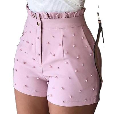 China Anti-wrinkle new products 2022 unique pure color women high waist ruffled beaded short pants with crotch zipper for sale