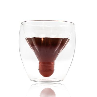 China New design disposable for 150ml double wall glass cup with badminton ball shape inside the glass cup for sale