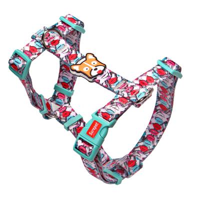 China Luxury Breathable Adjustable Printed Training C Padded Mesh Strap Dog Collar Dog Harness Pet Training C Nylon Material Security Pattern for sale