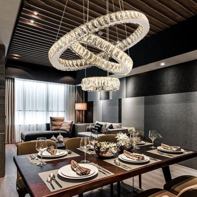 China Modern Luxury Metal Dimmable Oval Leaded Crystal Shade Bedroom Lamp Modern Pendant Lamp 3 Circle Round Leaded Crystal Chandeliers for sale