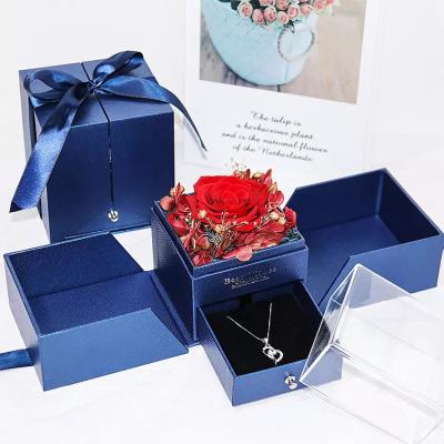 China Recyclable Wholesale Eternal Flower Blue Red Rose Quality Mounted Double Open Jewelry Box Valentine's Day Flower Gift Box for sale