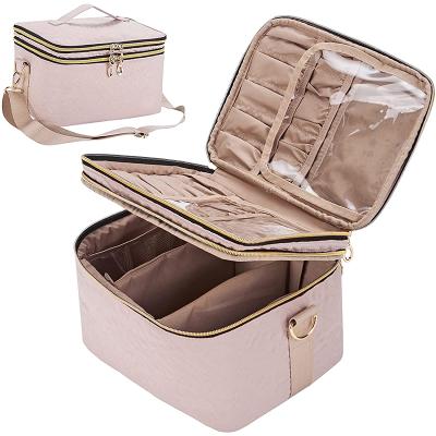 China Large Capacity Double Layer Travel Cosmetic Bag With Strap Sweeps Large Eyeliner Makeup Organizer Fits Bottles Vertically Makeup Box for sale