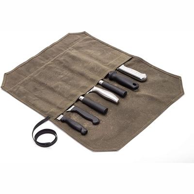 China Wholesale Large Capacity Folding Gray Waxed Knife Roll Bag Army Chef Tool Bag Christmas Fork Storage Chef Knife Bag Canvas for sale