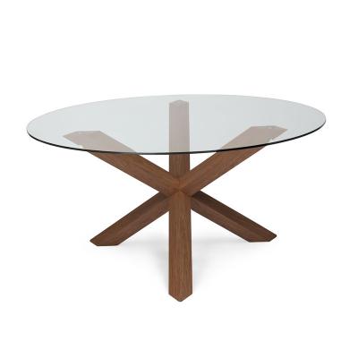 China Modern design round wooden dining table with glass top for sale